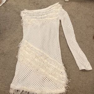 VICI fringe one shoulder crochet coverup